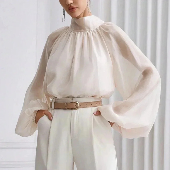 Apricot Casual Women's Solid Color Stand Collar Lantern Sleeve Shirt - Picture 3 of 5